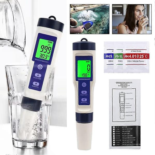5-i-1 digital pH-testpenna, poolsalttestare, digital salthaltstestare med hög precision för vatten White