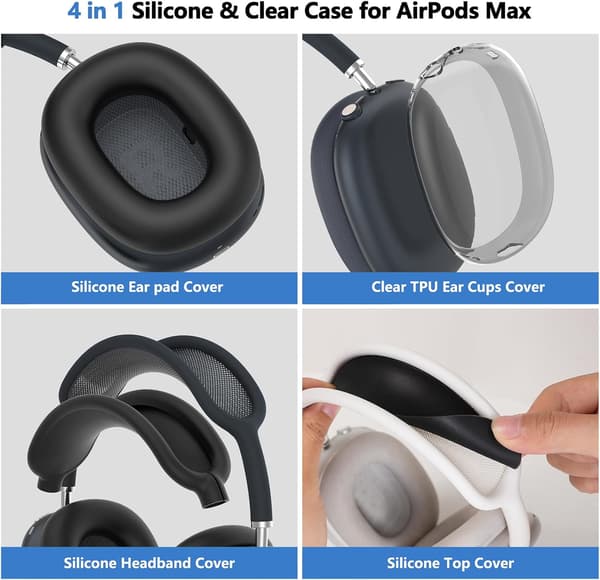 Etui til Airpods Max 1/2, gennemsigtigt og TPU-tilbehør (kompatibelt, sort) Black
