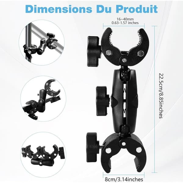 Universal Double Clamp Umbrella and Camera Mount - Universal Mount with 38mm Clamp, Suitable for Walkers, Strollers, and Bicycles