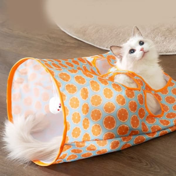 Sammenklappelig kattetunnelpose med 5 huller, knitrende lyd og plysbolde orange til killinger