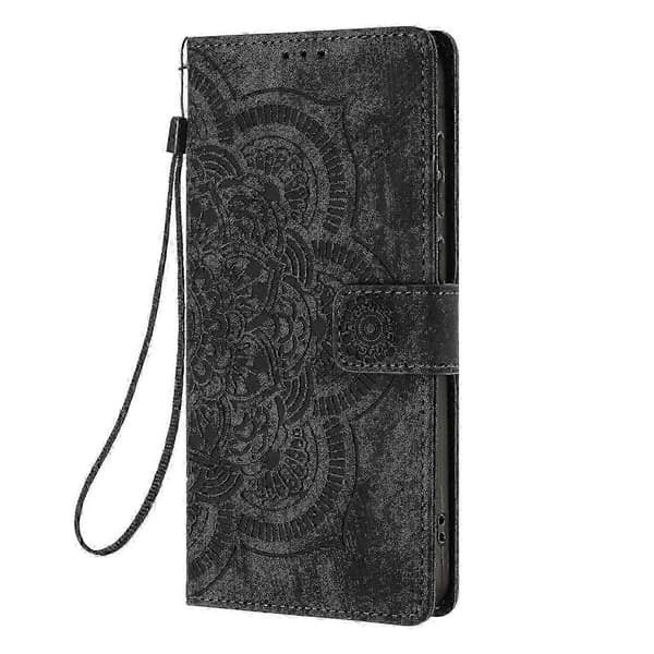 Frosted læder smartphone-etui til Mandala præget retro (sort, til Samsung Galaxy S21 5G)