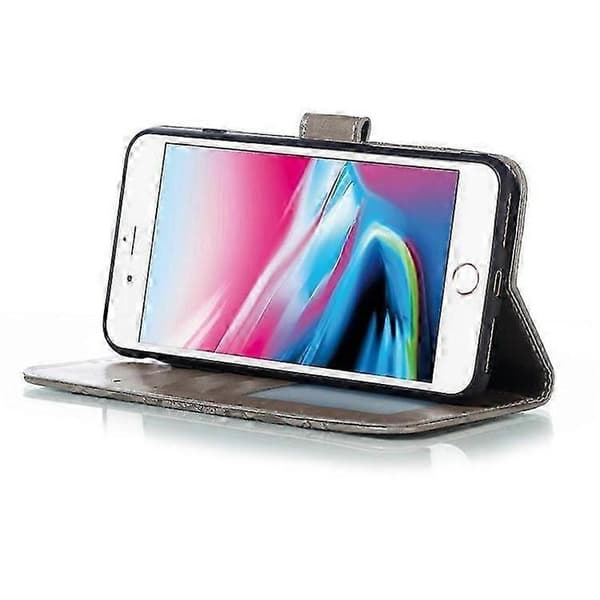 Imprint Mandala Blomsterpung Stand Flip Læder Etui med Rem Kompatibel til iPhone 8 Plus/7 Plus 5.5 tommer Grey