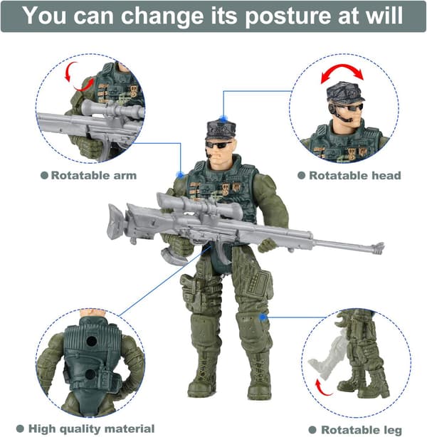 8 Military Figures 9cm Plastic Box with 36 Pieces Weapon Accessories Military Toy Set