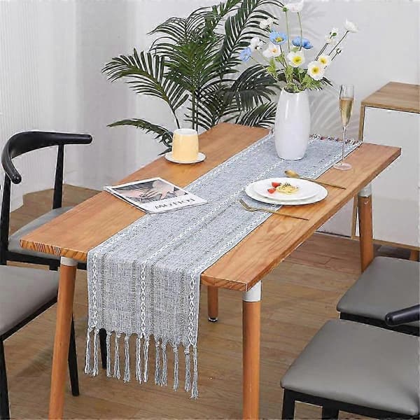 2-pack linneduk, 33x198 cm, flätade ränder för matsalen white grey