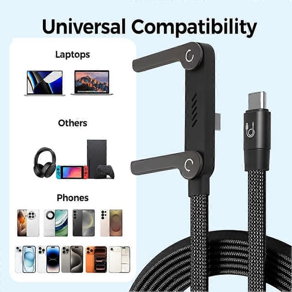 Sidevejs telefonoplader med foldbart stativ - 240W USB-C hurtigopladningskabel til iPhone 17-15, Android, gaming, rejser og håndfri visning (1,5m)