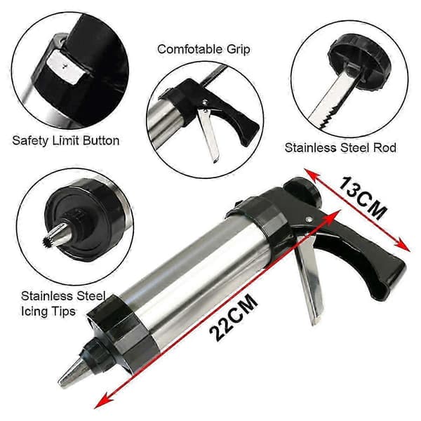 Spritz Cookie Press Kit, Kiksmaskine i rustfrit stål til kageglasurdekoration, har ergonomisk design og skridsikker base, perfekt til gør-det-selv 26s