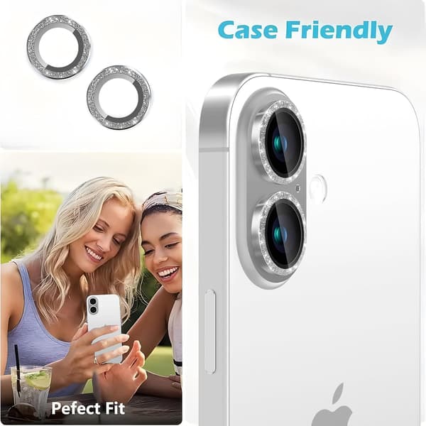 Camera Lens Protector for iPhone 16 / iPhone 16 Plus, Glitter Decoration Individual Lens Covers, Ultra-thin, Silver