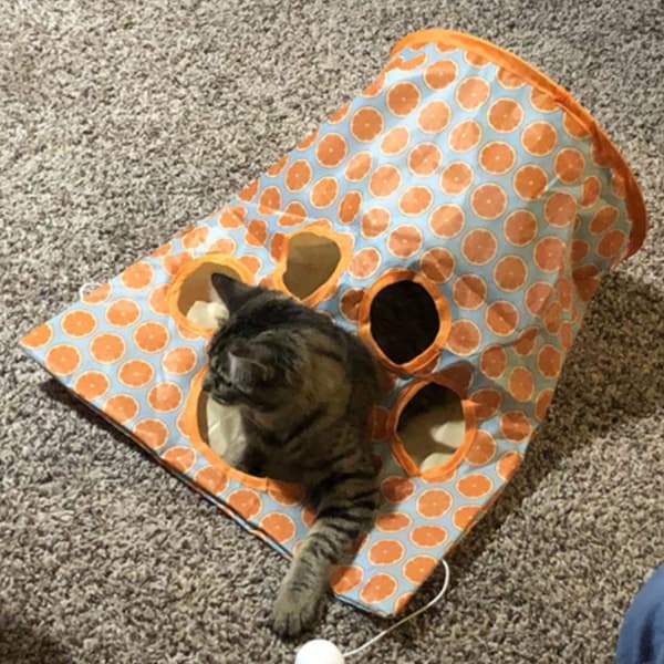 Sammenklappelig kattetunnelpose med 5 huller, knitrende lyd og plysbolde orange til killinger