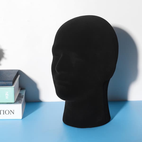 Skum mannequin hode for menn, modell for parykker, briller, hatter, svart displaystativ