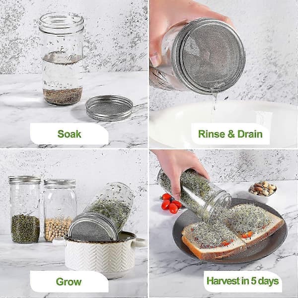 4 stk. spiringslåg i rustfrit stål med netlåg i rustfrit stål til spiringsglas med bred mund