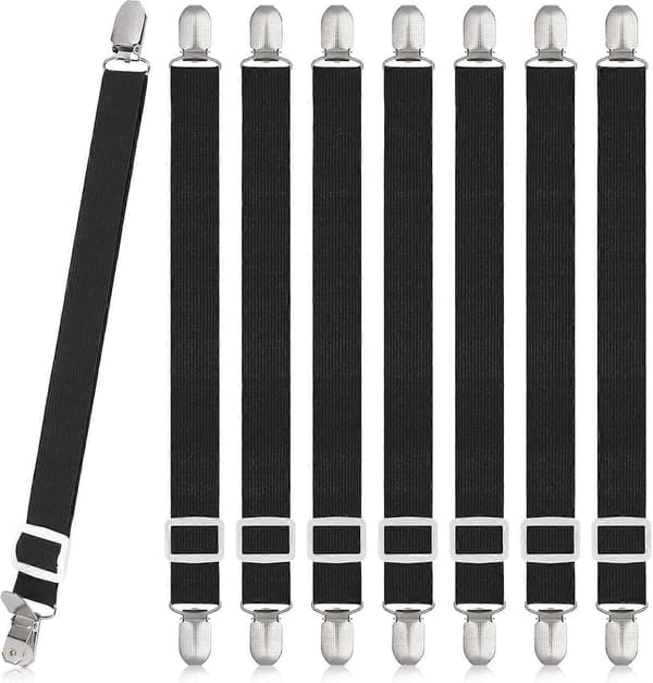 8 Pieces Sheet Clips, Adjustable Sheet Holders, High Elastic Fitted Sheet Straps with Clips, Sheet Fasteners Max Stretch 120cm Black