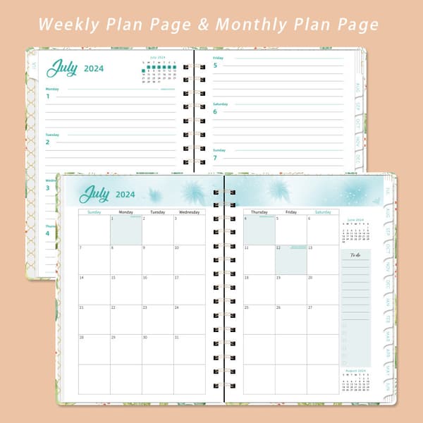 Planleggerbok med spiralrygg, blomstermønster, ukeplanlegger, A5-format January-December 25