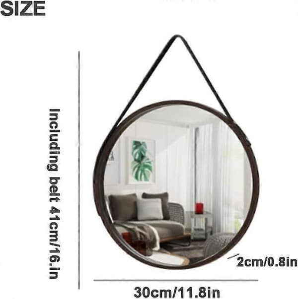 Nordic Wall Mounted Large Round Mirror, Leather Strap, Metal Frame for Bathroom etc. (Reddish Brown) (LGL)