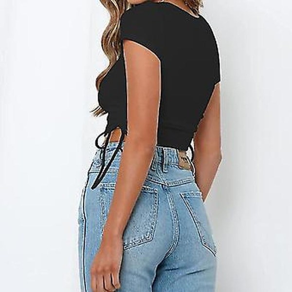 Women's Crew Neck Short Sleeve Drawstring Side Ruched Crop Top (S Black)