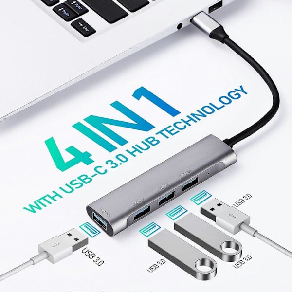 USB Hub USB-C 4 Porte USB Hub USB Splitter til Bærbar Computer USB Connector Hub Silver 36.50X2.50X1.00CM