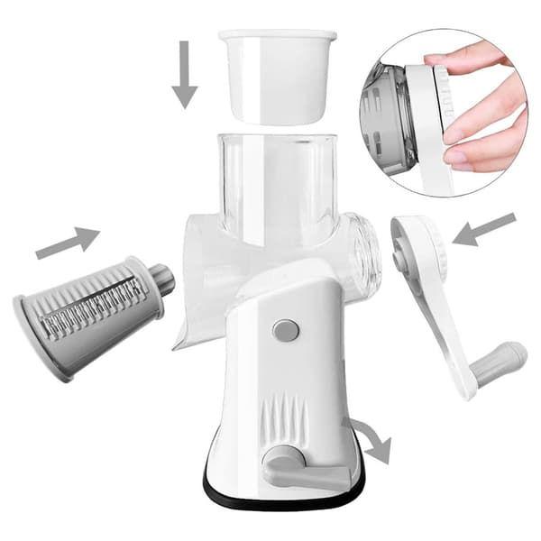Rotary Grater, 5-in-1, with Flip Box, Vegetable Cutter, Waffle Cutter, Nut Chopper, with Handle and Strong Suction Cup, White