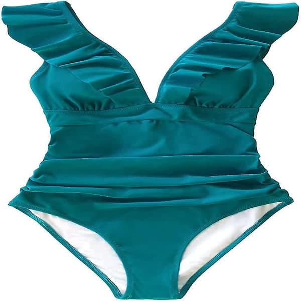 Dame V-hals Badedragt med flæser og snøre Niuniu Bright Cyan Medium