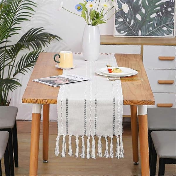 2-pack linneduk, 33x198 cm, flätade ränder för matsalen white grey