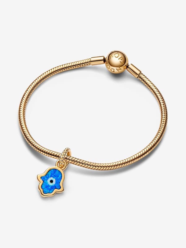 Pandora - Opaliserende Blå Hamsa Hånd Dingle Charm - 14k gullbelegg