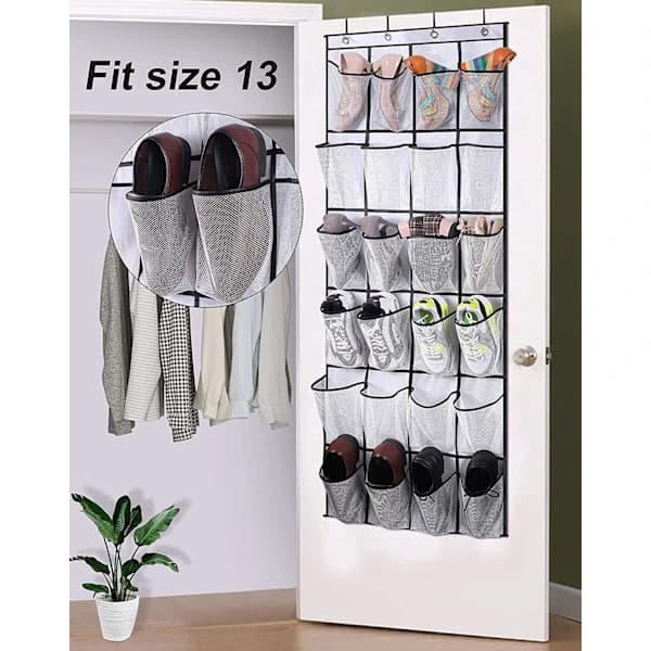 Over-the-Door Shoe Storage with 24 Large Mesh Pockets, Foldable Hanging Storage for Closet Bathroom White White