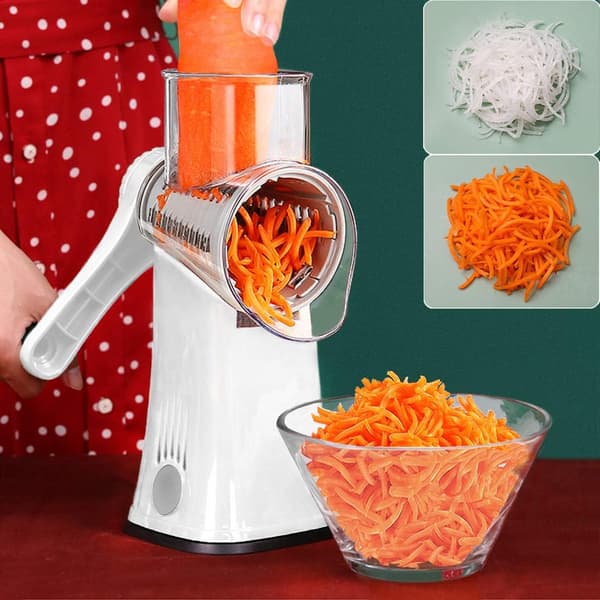 Rotary Grater, 5-in-1, with Flip Box, Vegetable Cutter, Waffle Cutter, Nut Chopper, with Handle and Strong Suction Cup, White
