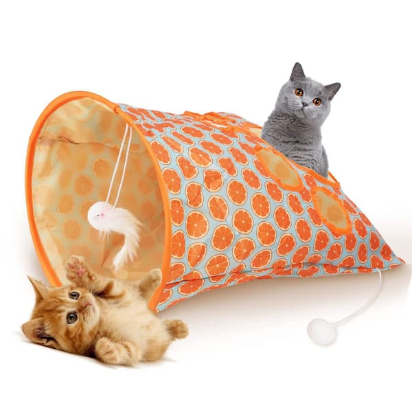 Sammenklappelig kattetunnelpose med 5 huller, knitrende lyd og plysbolde orange til killinger