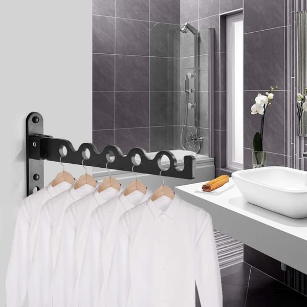 Wall Mounted Clothes Rack, Foldable Drying Rack Hook Hanger for Balcony, Bathroom, Bedroom, Laundry Room Bed (Black)