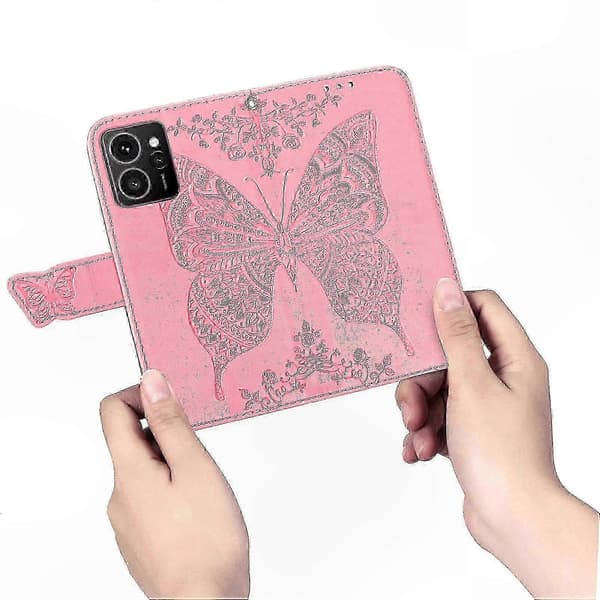 PU læderpung-etui med sommerfuglemønster til telefon Pink