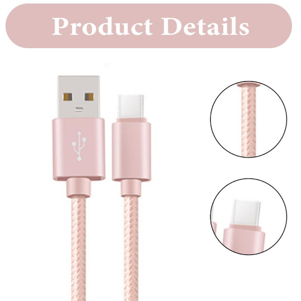 2-pakning 2m USB-C lader til Samsung S10, S10E, S10 Plus Rosa