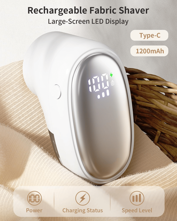 Genopladelig stofshaver, 1200mAh 3-hastigheds fnugfjerner med LED-display, 6-bladede rustfri stålblade, bærbar trøjeshaver til