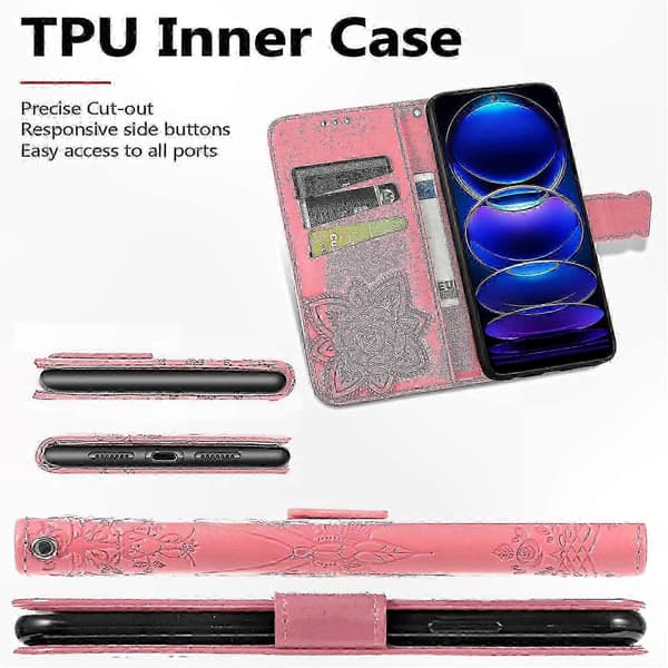 PU læderpung-etui med sommerfuglemønster til telefon Pink