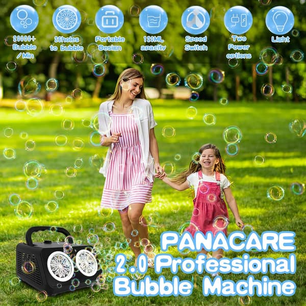 Professionell Bubbelmaskin, Portabel 20000+Bubblor/Minut, 26 hål Gratis Ingår, Leksak för Barn/Bröllop/Födelsedag