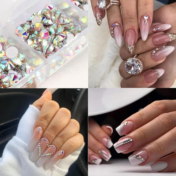 4 æsker Flatback Rhinestones og Perler Negledekorationer til Akryl - Krystaller, Halvrunde og Tilbehør til DIY Negle A