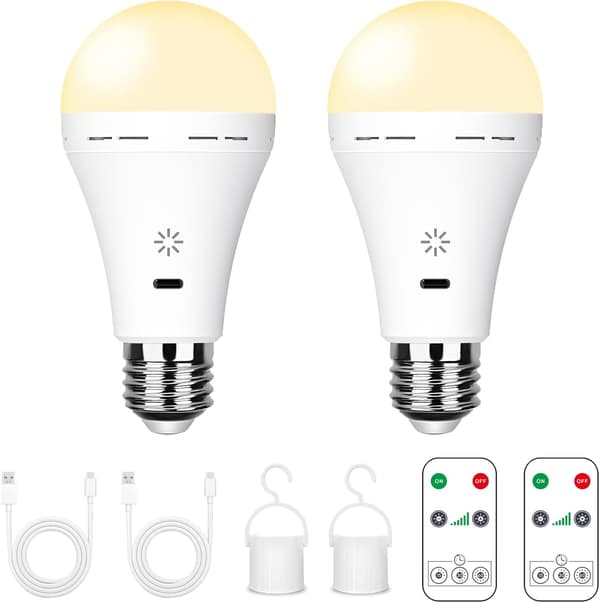 Uppladdningsbara LED-lampor - 7W E27 med fjärrkontroll & Touch Dimmer | Nödljus för camping (Varmvit) 2-pack-FD-[mo]