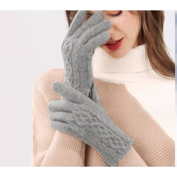 Women's Grey Cashmere Gloves with Thin Lining and Cable Design