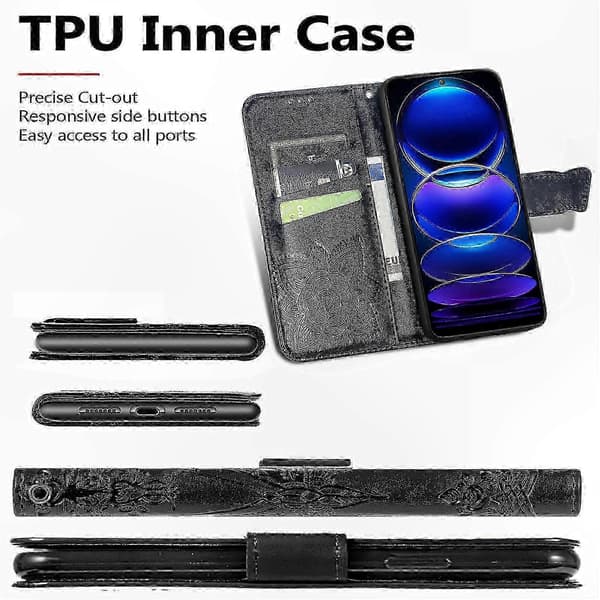 PU læderpung-etui med sommerfuglemønster til telefon Black