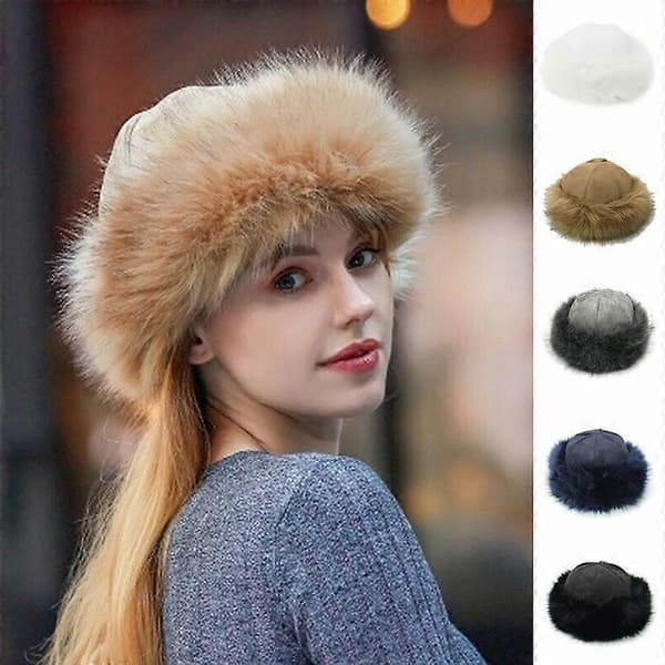 Fluffig rysk mössa i rävfuskpäls för damer, vintervarm öronmuff Ushanka Cossack Ski Navy blue