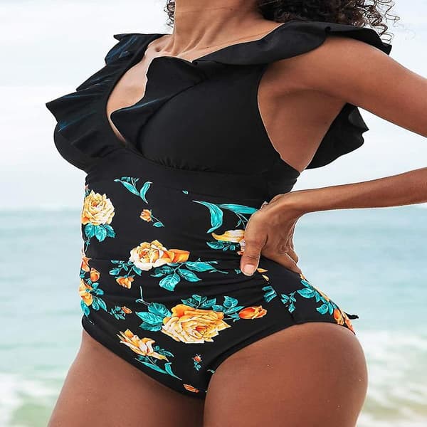 Dame V-hals Badedragt med flæser og snøre Niuniu Black Floral Medium
