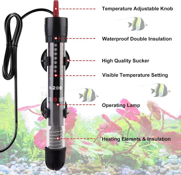 (60 L, 50 W) Aquarium Heater - Adjustable Thermostat - With 2 Suction Cups