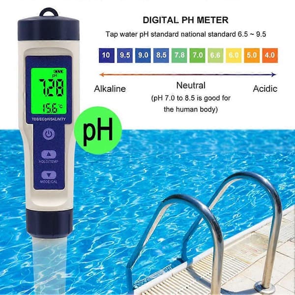 5-i-1 digital pH-testpenna, poolsalttestare, digital salthaltstestare med hög precision för vatten White