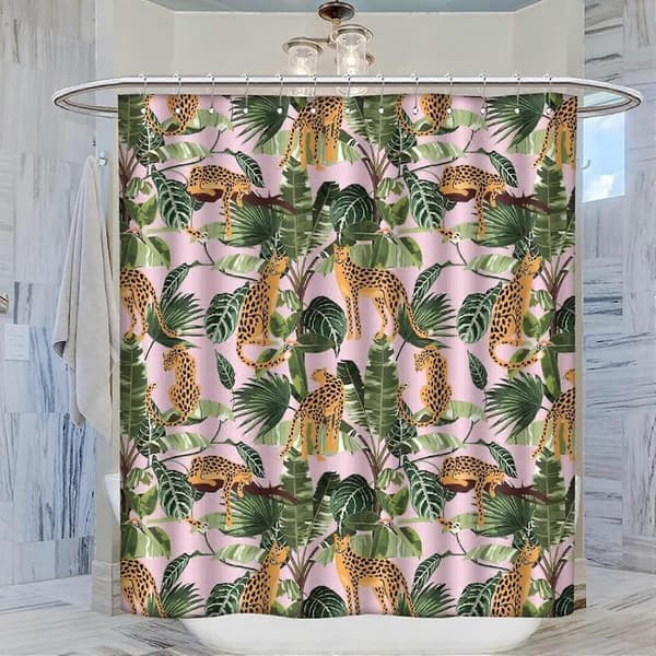 Leopard Duschdraperi med Palmblad, Vattentät Polyester Djungel Badrumsinredningsset med Krokar 72x66