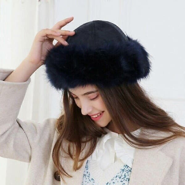Fluffig rysk mössa i rävfuskpäls för damer, vintervarm öronmuff Ushanka Cossack Ski Navy blue