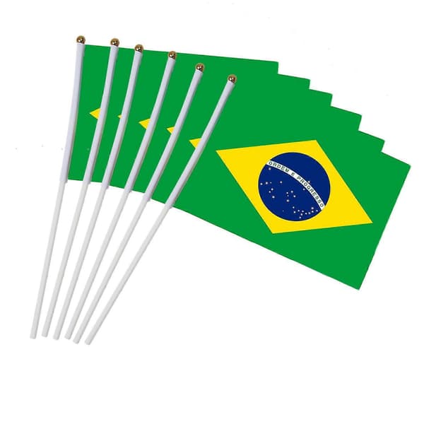 10 stk/pakke Brasiliansk flagg 21x14 cm polyester håndviftende flagg Brasil flagg med flaggstang og plast