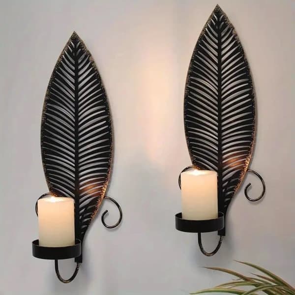 2-pack Metal Wall Sconces – Rustic Table & Wall Decoration without Candles with Leaf Pattern for Home