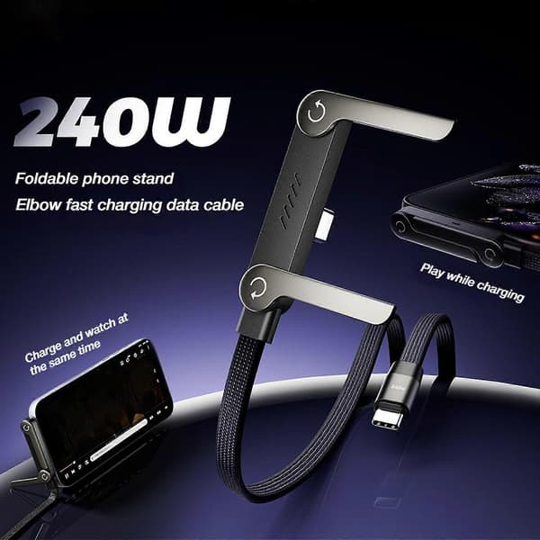 Sideways telefonlader med sammenleggbart stativ - 240W USB-C hurtigladekabel for iPhone 17-15, Android, spill, reise og håndfri visning (1,5m)