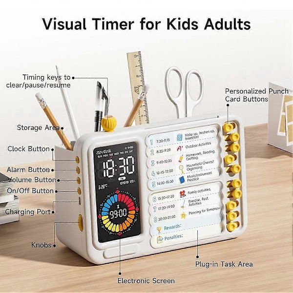 Visuell timer for barn og voksne, ADHD-timer med planleggingstavle for timeplaner, oppgavetimer, visuell timer for småbarn, lydløs timer Vit