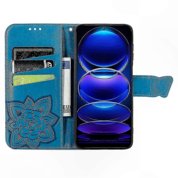 PU læderpung-etui med sommerfuglemønster til telefon Blue