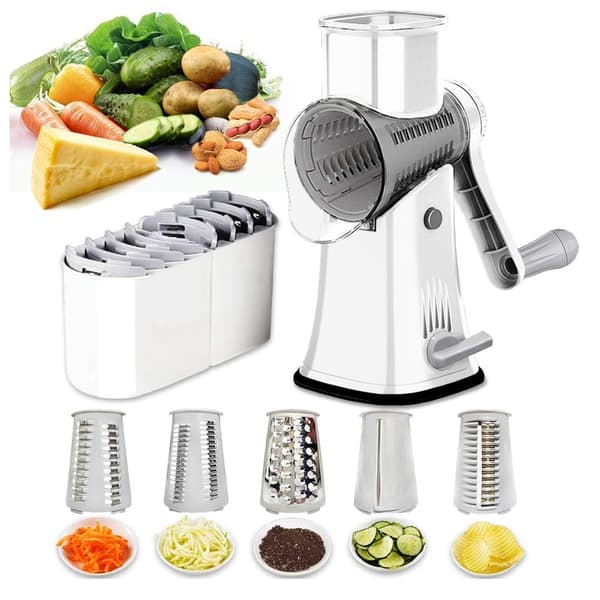 Rotary Grater, 5-in-1, with Flip Box, Vegetable Cutter, Waffle Cutter, Nut Chopper, with Handle and Strong Suction Cup, White