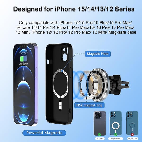 MagSafe billader, 15W hurtiglading trådløs billader, luftventil/dashbord magnetisk telefonholder kompatibel iPhone 15 Pro Plus Max