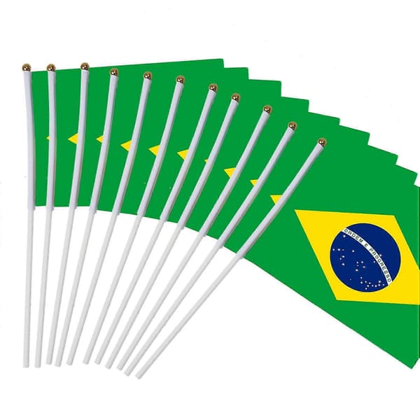 10 stk/pakke Brasiliansk flagg 21x14 cm polyester håndviftende flagg Brasil flagg med flaggstang og plast